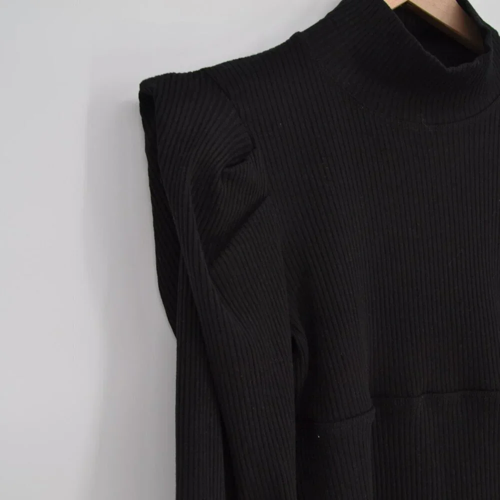 Free People Lala Puff Sleeve Cropped Top Black Women's M Ribbed Knit Turtleneck